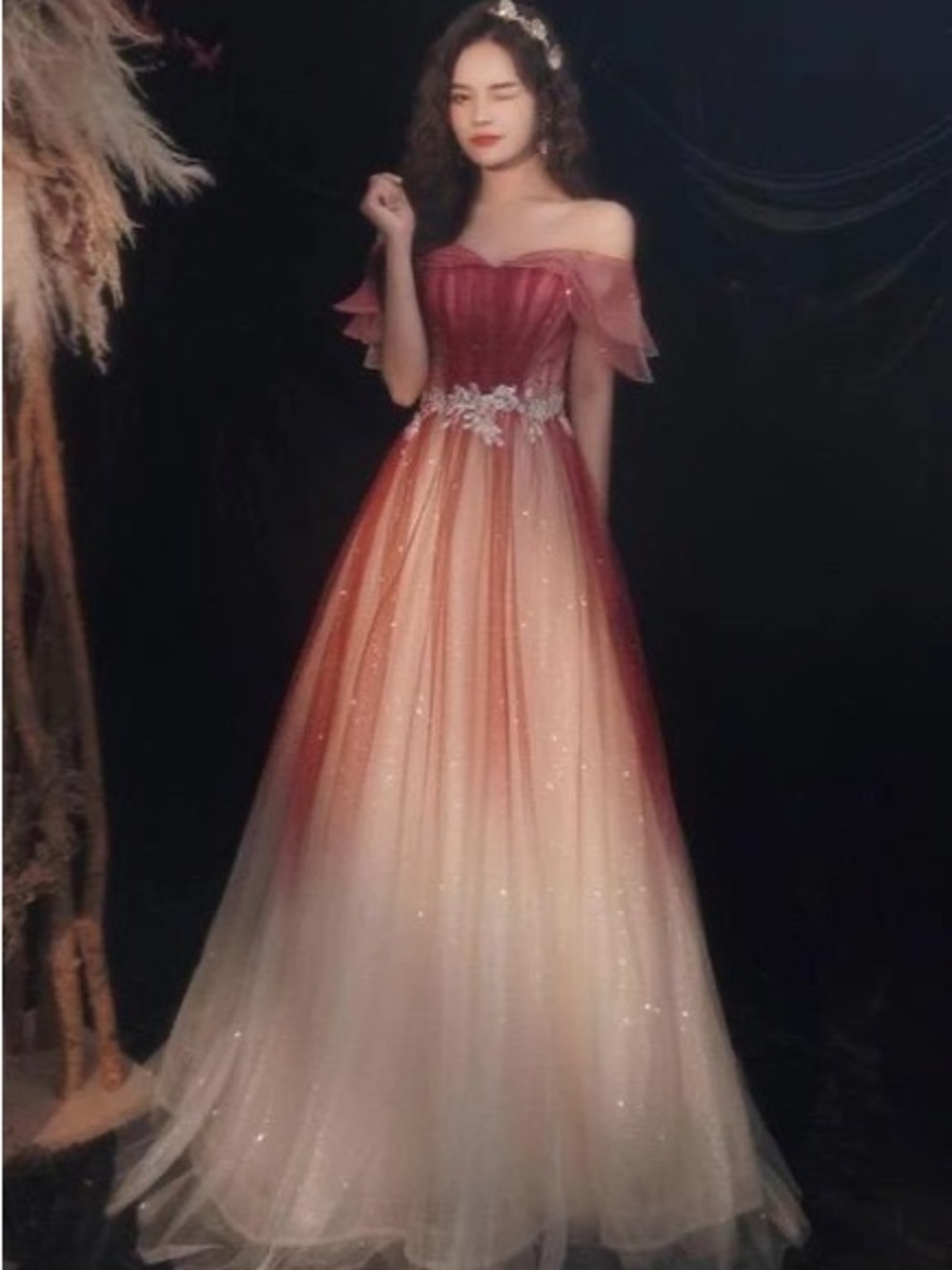 Romantic Off-Shoulder Ombre Evening Gown - Dusty Rose to Cream